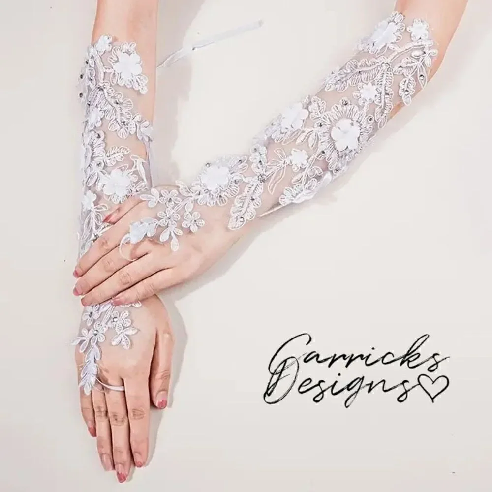 White Tulle and Lace Fingerless Bridal Wedding Gloves With Rhinestone Accents
